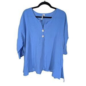 Lulu B Tunic Shirt Size L Aqua Blue 3/4 Button Sleeves Cotton